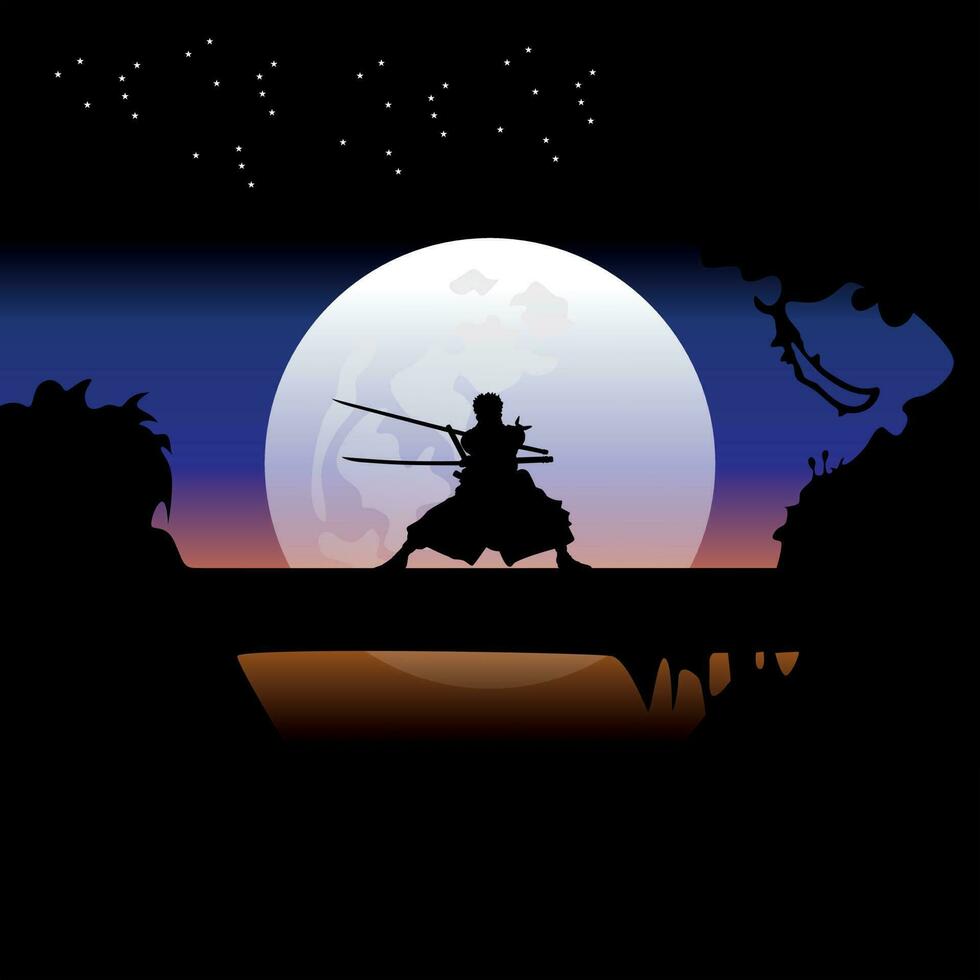 illustration vector graphic of Samurai training at night on a full moon. Perfect for wallpaper, poster, etc. Illustration vector style, Colorful view background, One Piece, Roronoa Zoro