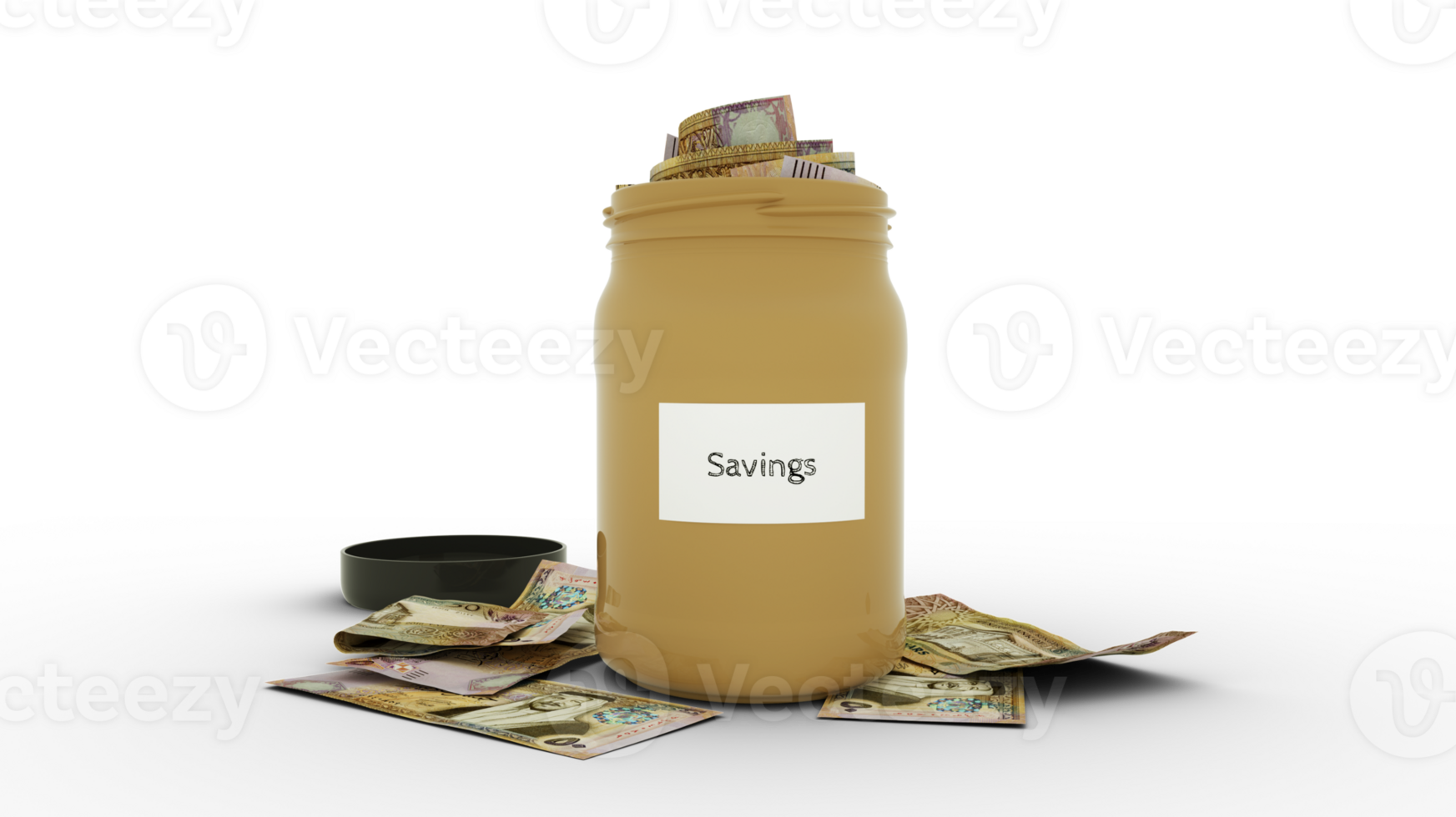 3D rendering of Jordanian Dinar notes in savings container. container filled to the top with Jordanian currency notes png