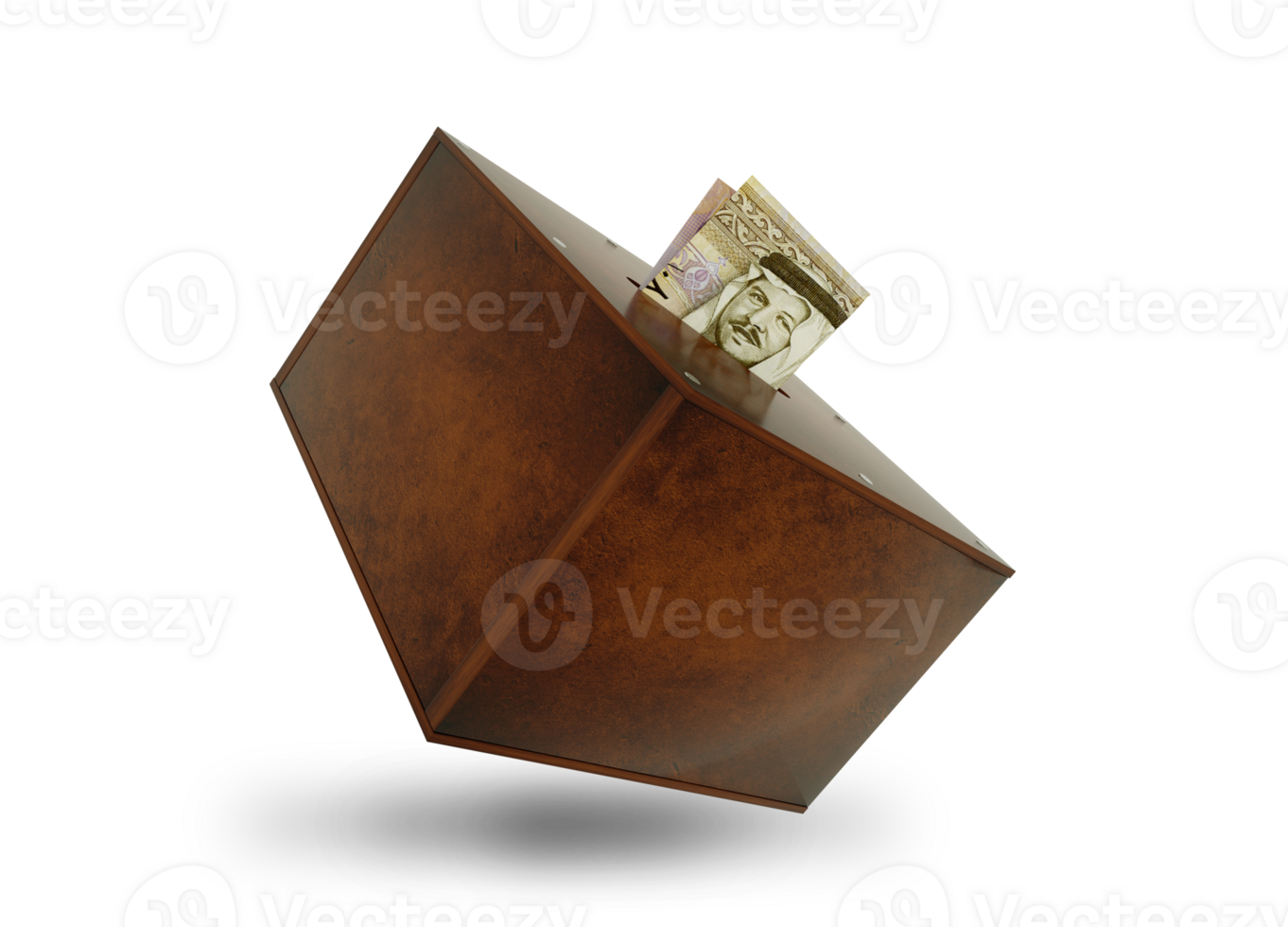 Jordanian Dinar notes inside wooden savings box. Generic savings Bank, Penny Bank, Money Box. 3d rendering png