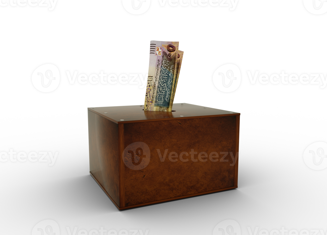 Jordanian dinar notes inside wooden savings box. Generic savings Bank, Penny Bank, Money Box. 3d rendering png