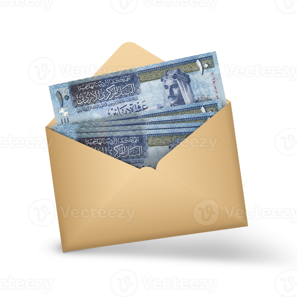 Jordanian Dinar notes inside an open brown envelope. 3D illustration of