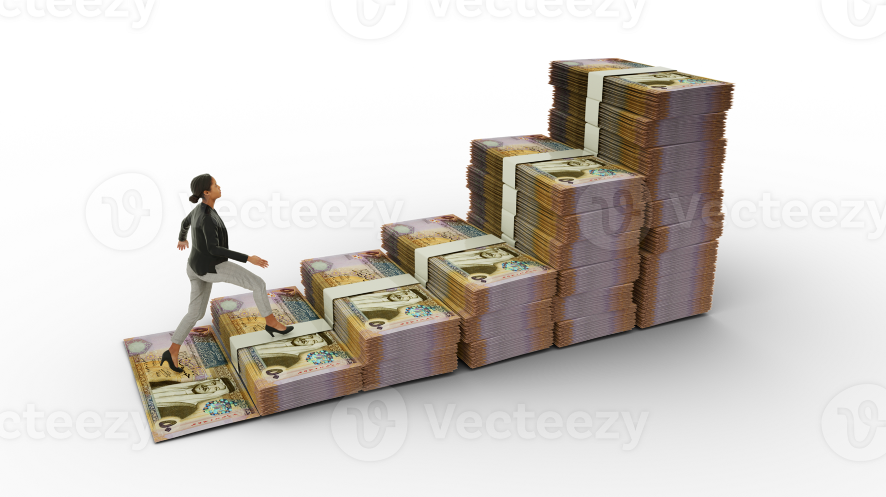 negocio mujer alpinismo escalera hecho de jordania dinar notas 3d representación de dinero arreglado en el forma de un financiero crecimiento grafico icono. negocio crecimiento concepto png