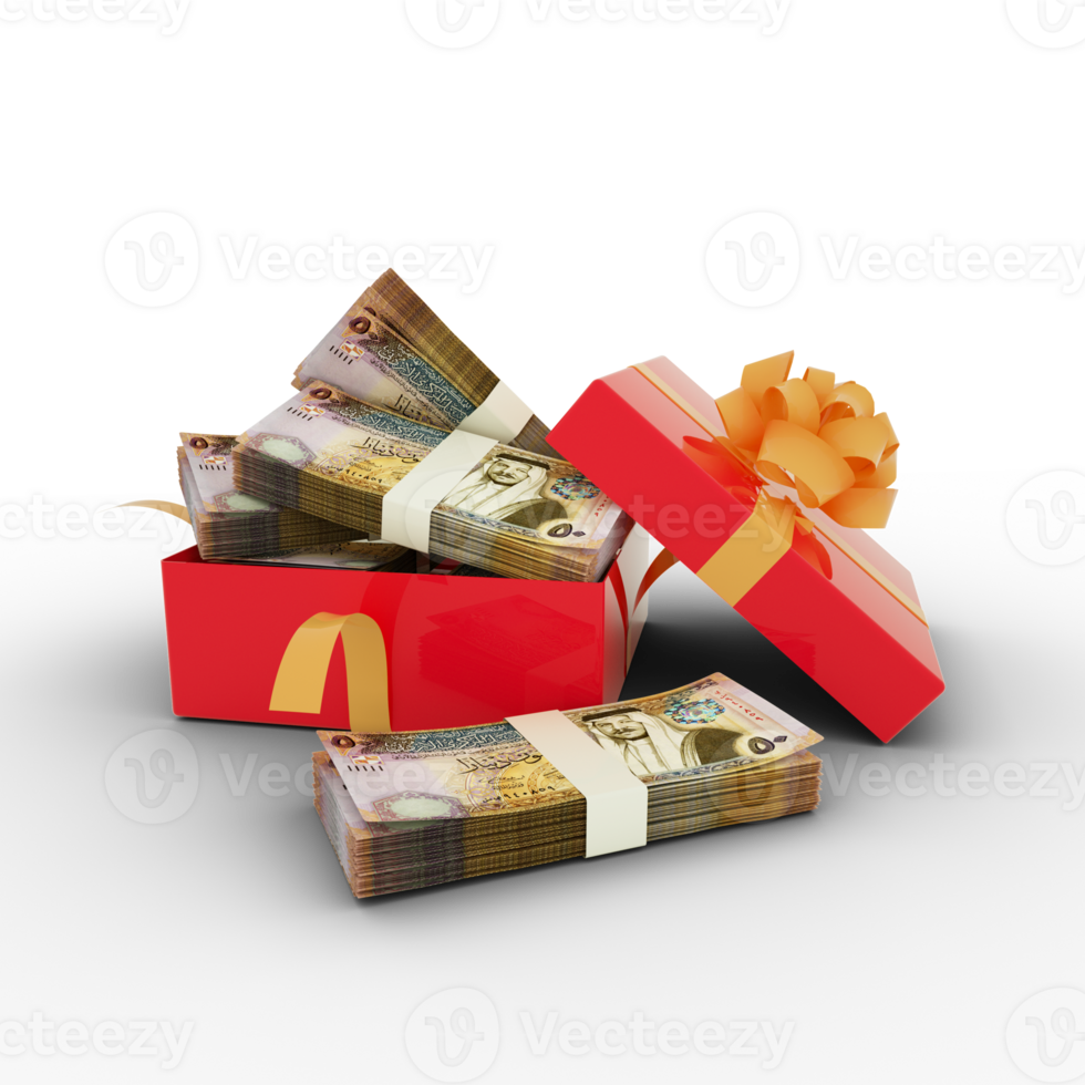 Stack of Jordanian dinar notes inside an open red gift box. Bundles of Jordanian dinar inside a gift box. 3d rendering of money inside box isolated on transparent background png