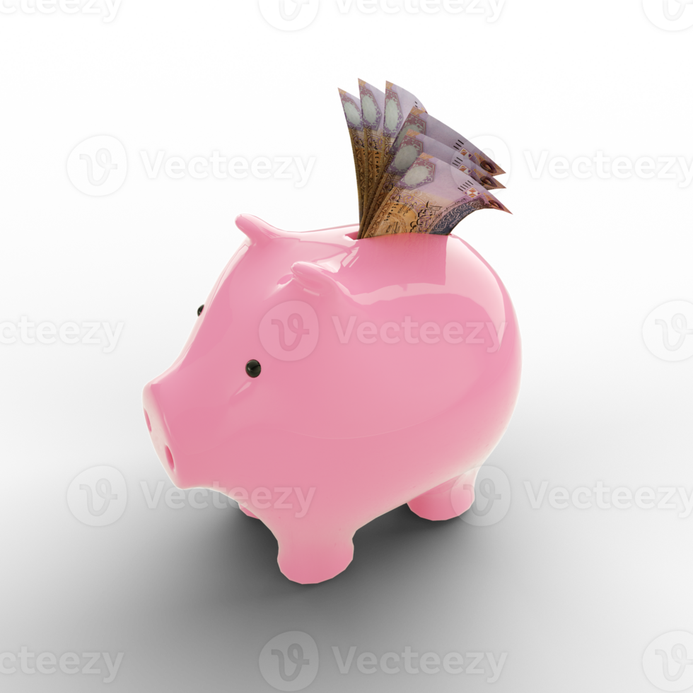 Jordanian dinar notes inside pink Piggy Bank, money in piggy bank, savings concept, 3d rendering png