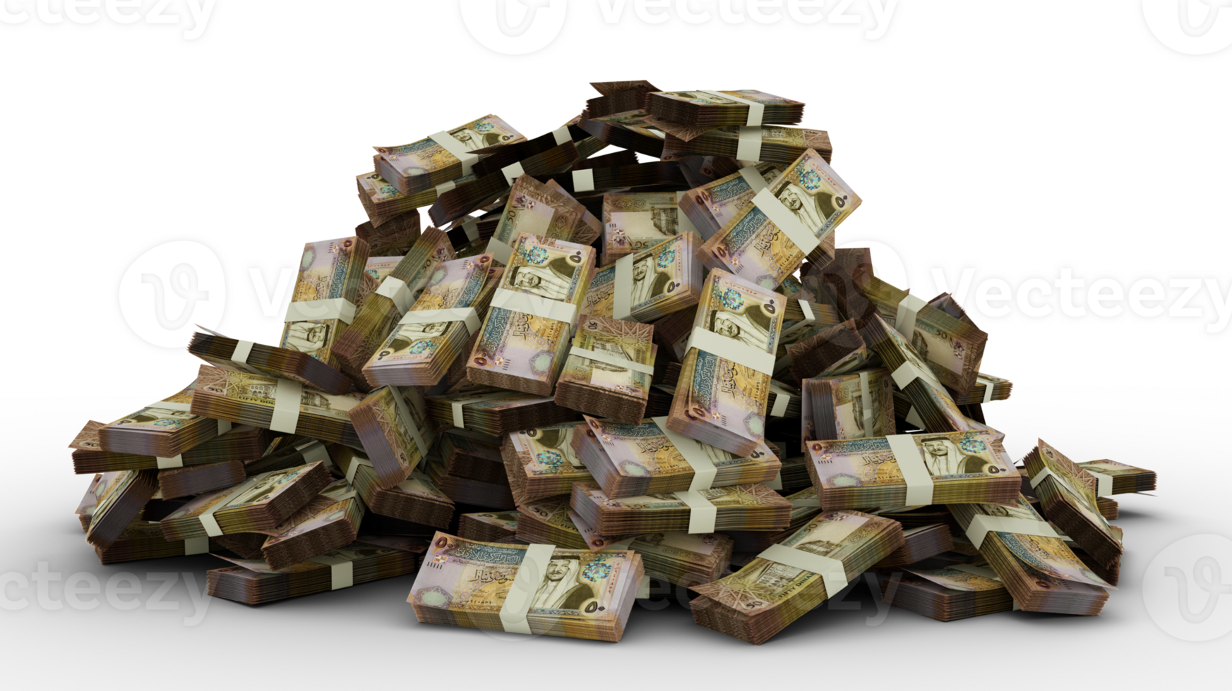 Big pile of Jordanian dinar notes a lot of money over transparent background. 3d rendering of bundles of cash png