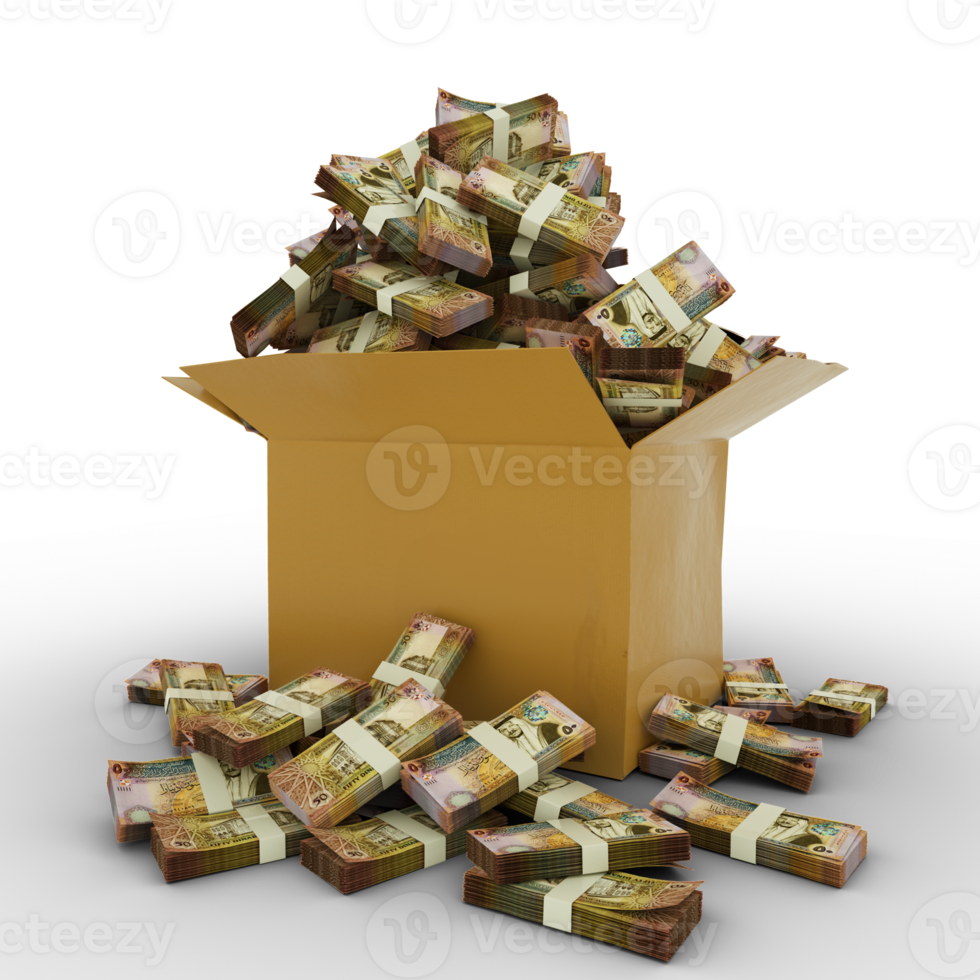 3d rendering of cardboard box full of Jordanian Dinar notes isolated on a transparent background png