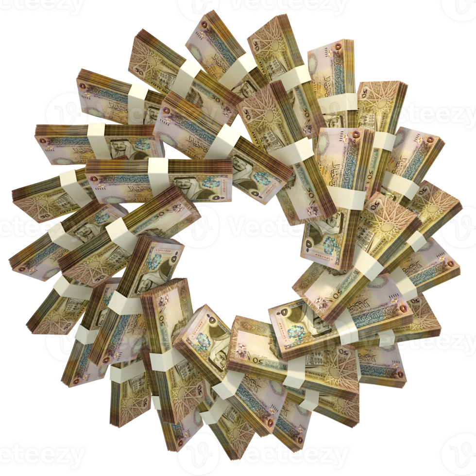 3d rendering of stacks of Jordanian Dinar arranged in a circular pattern. png