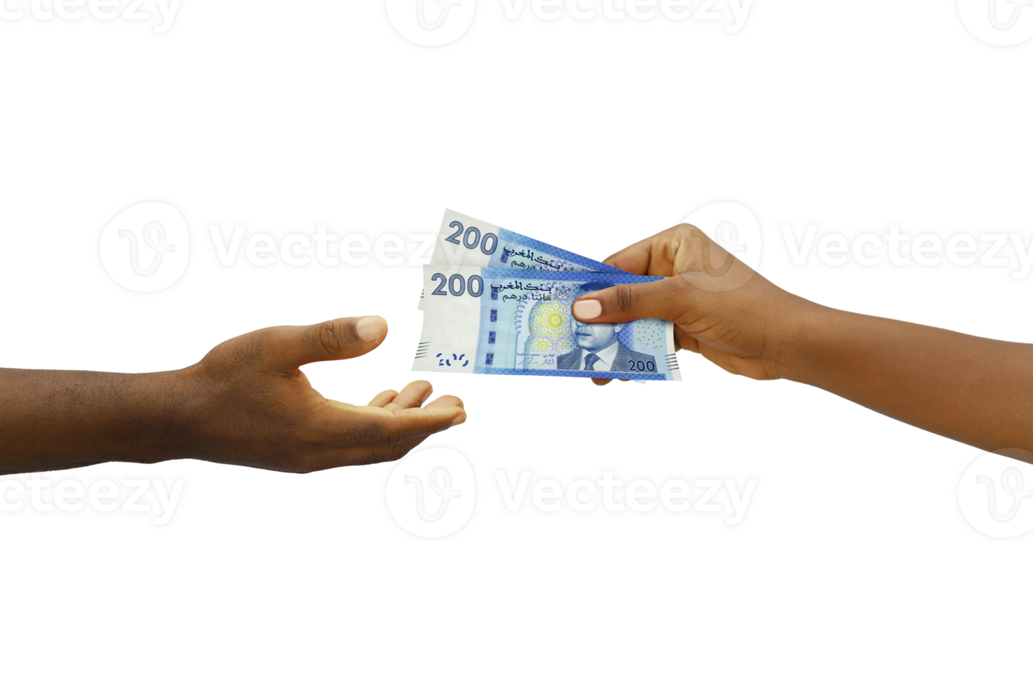 Hand giving 3D rendered Moroccan dirham notes to another hand. Hand receiving money png