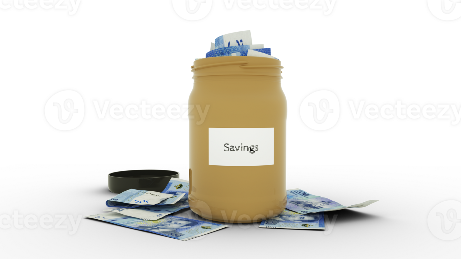 3D rendering of Moroccan Dirham notes in savings container. container filled to the top with Moroccan currency notes png