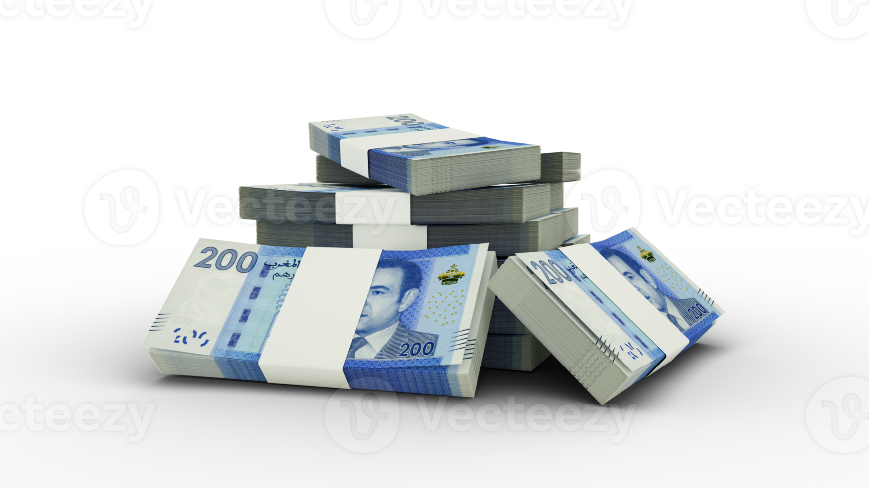 3d rendering of Stack of Moroccan dirham notes. bundles of Moroccan currency notes isolated on transparent background png