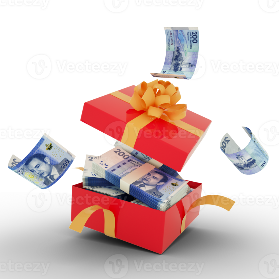 Moroccan dirham notes inside an open red gift box. Moroccan dirham inside and flying around a gift box. 3d rendering of money inside box isolated on transparent background png