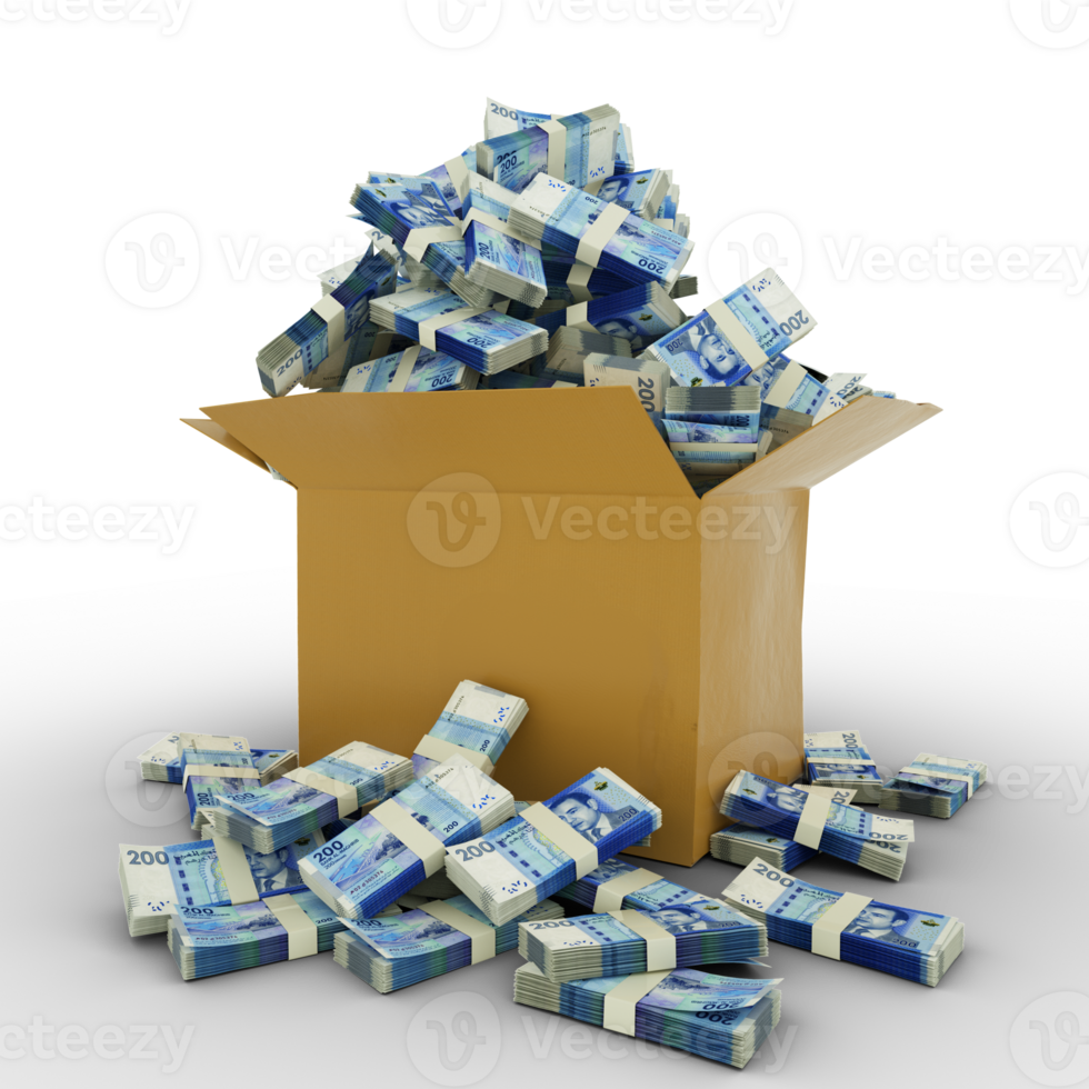 3d rendering of cardboard box full of Moroccan Dirham notes isolated on a transparent background png