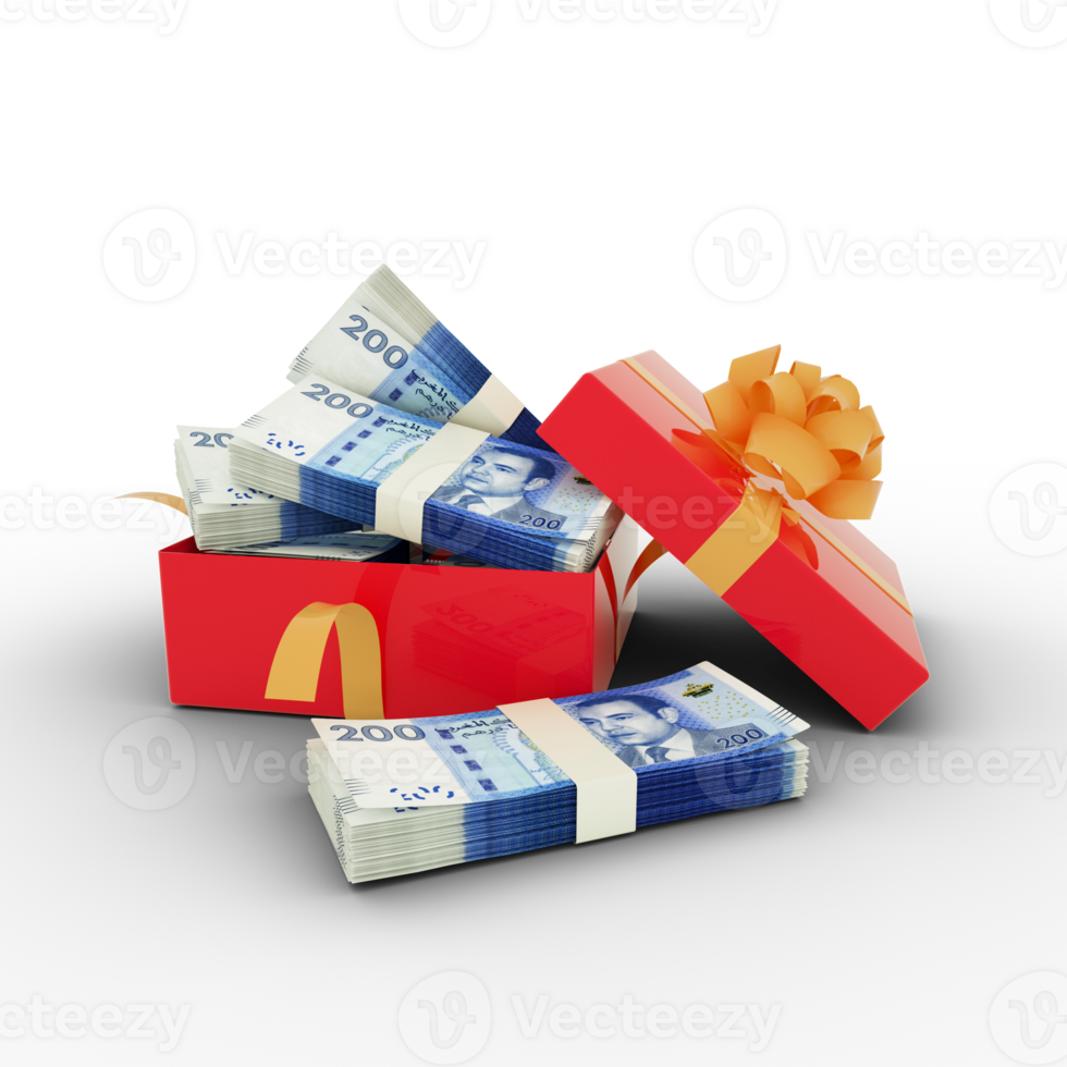 Stack of Moroccan dirham notes inside an open red gift box. Bundles of Moroccan dirham inside a gift box. 3d rendering of money inside box isolated on transparent background png