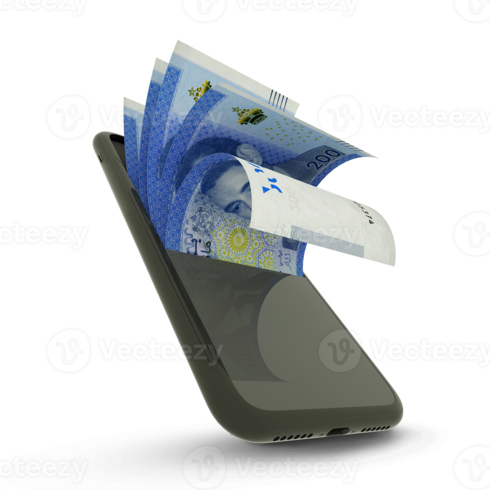 3D rendering of Moroccan dirham notes inside a mobile phone. money coming out of mobile phone png