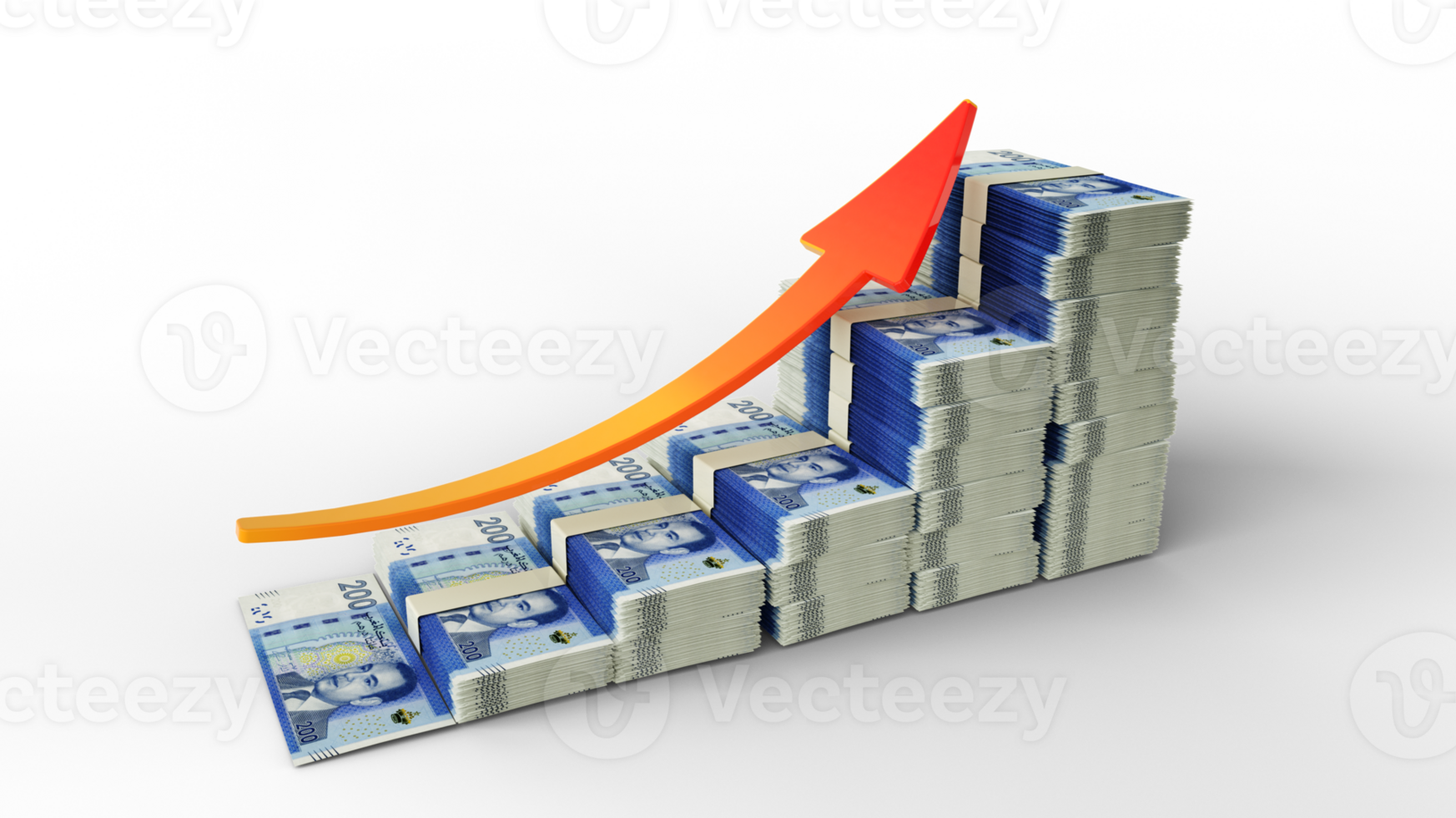 Financial growth sign made of stacks of Moroccan Dirham notes. 3D Rendering of Moroccan money arranged in the form of a bar graph isolated on transparent background png