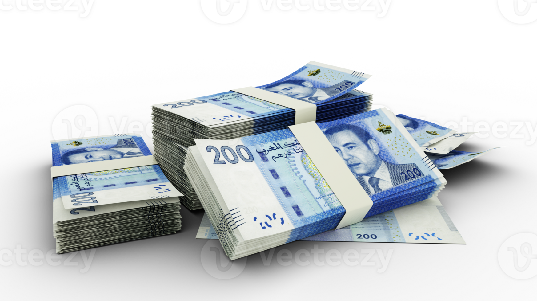 3D Stack of 200 Moroccan dirham notes isolated on transparent background png