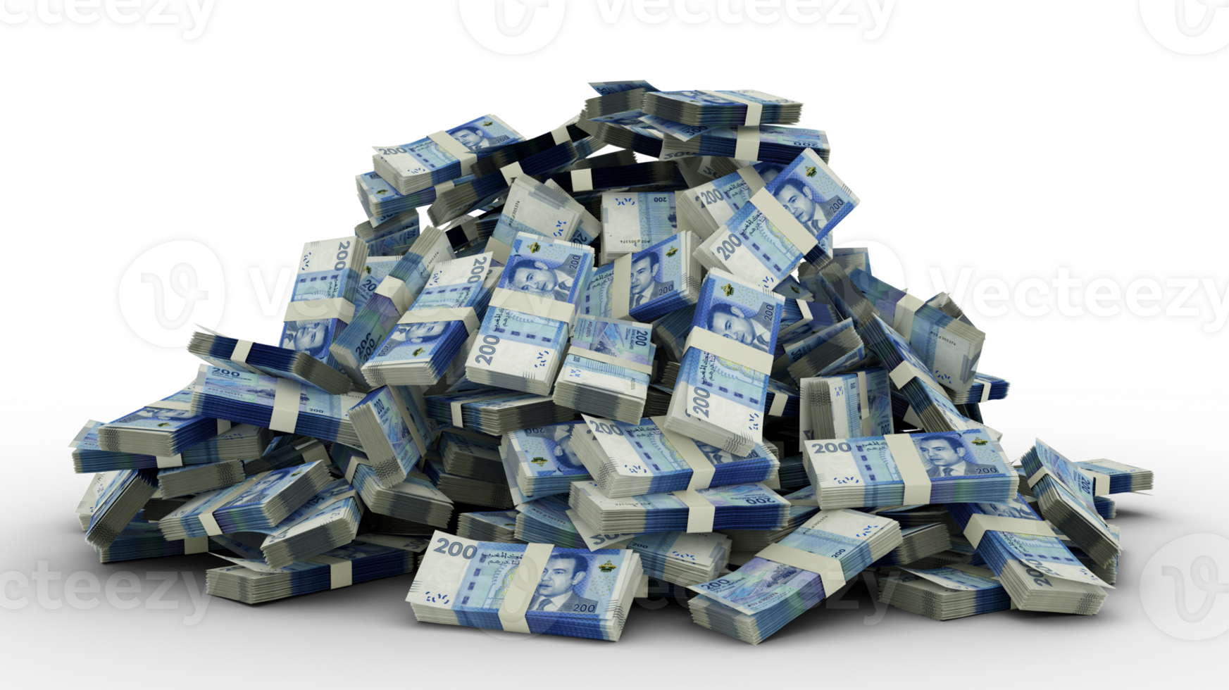 Big pile of Moroccan dirham notes a lot of money over transparent background. 3d rendering of bundles of cash png