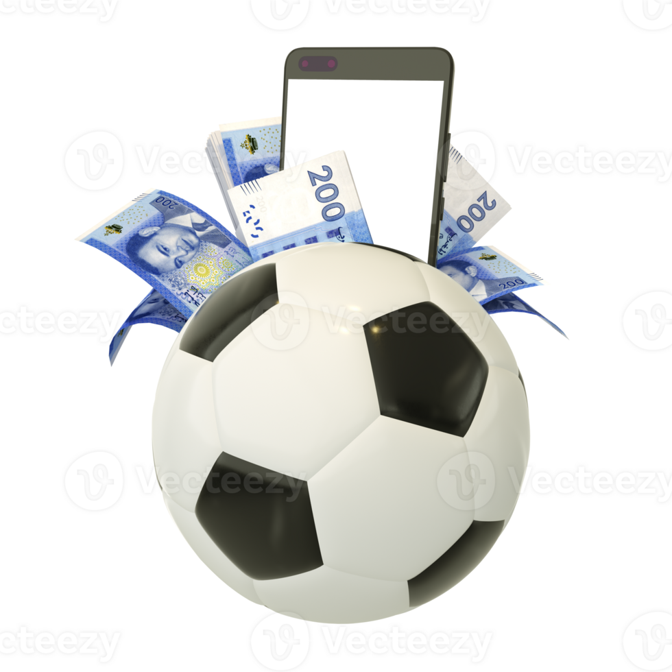 3d rendering of Moroccan dirham notes and phone behind soccer ball. Sports betting, soccer betting concept isolated on transparent background. mockup png
