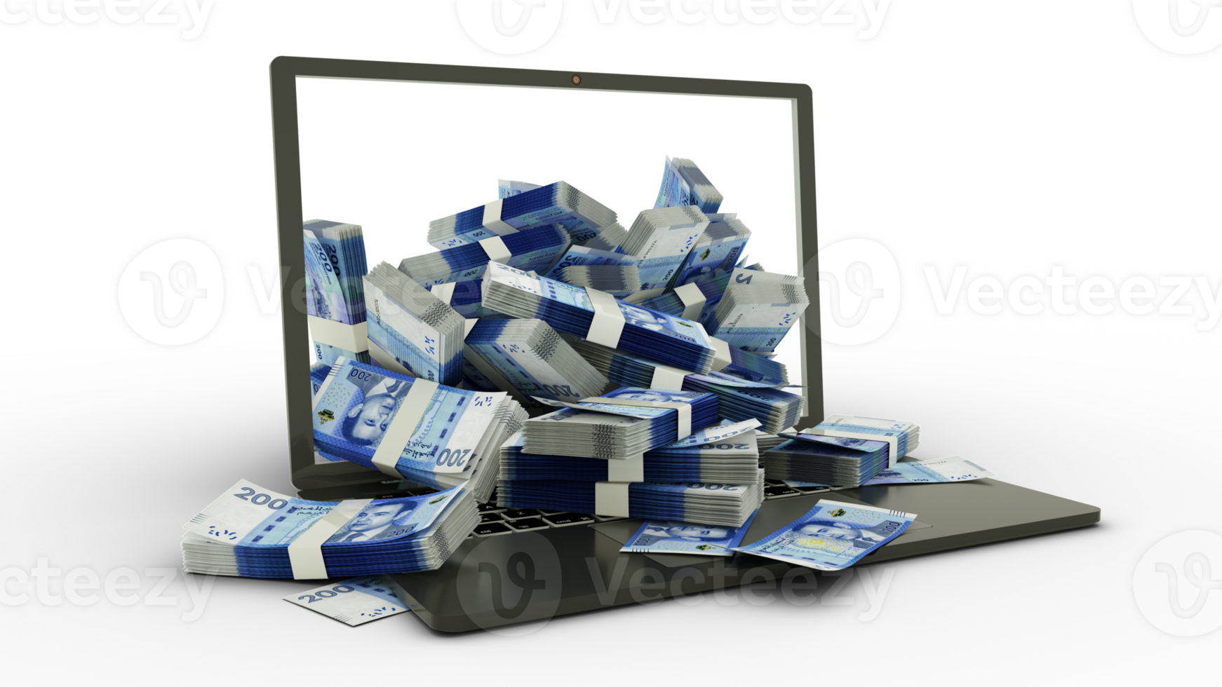 3D rendering of Moroccan dirham notes coming out of a Laptop monitor isolated on transparent background. stacks of Moroccan dirham notes inside a laptop. money from computer, money from laptop png