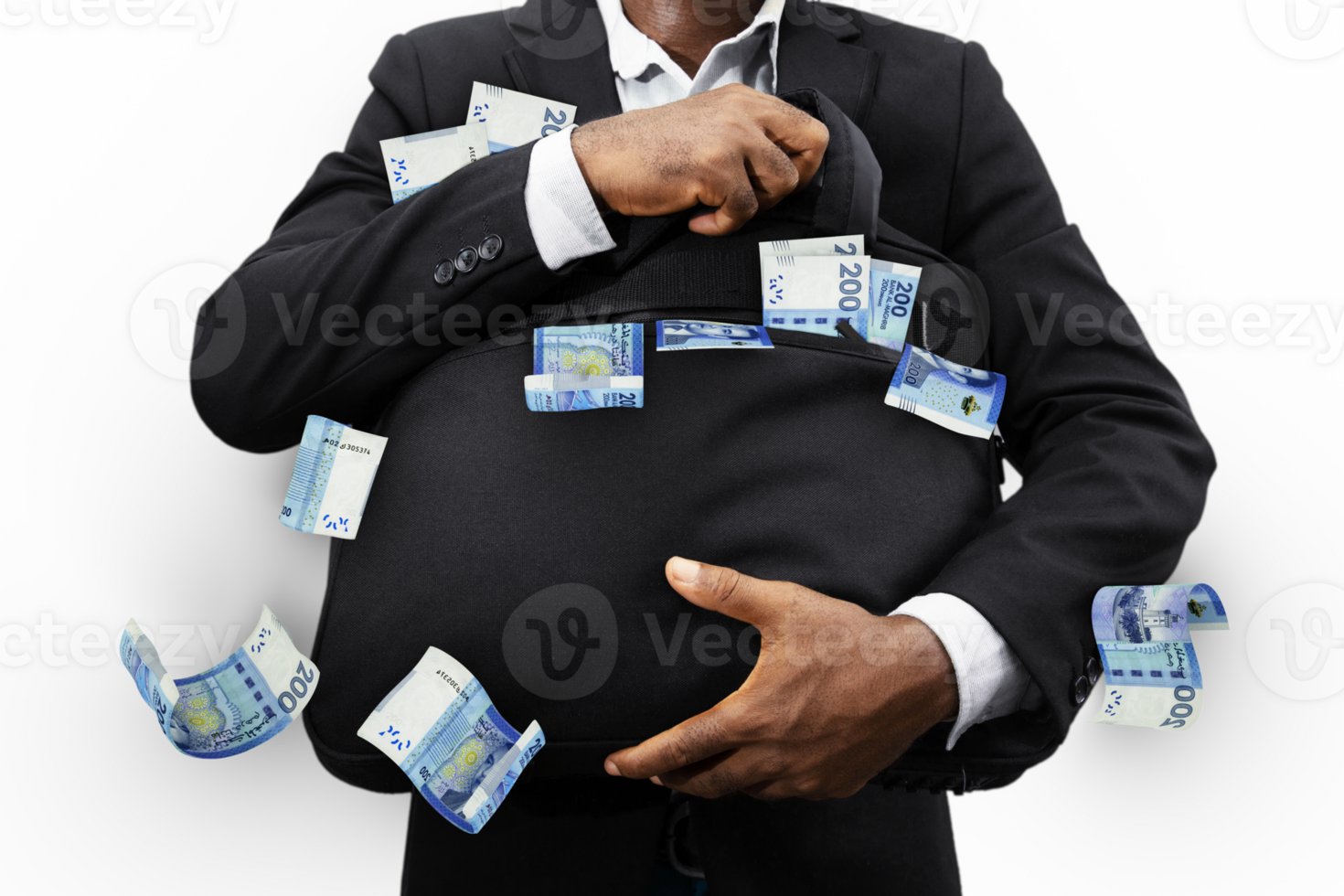 Black Businessman holding black bag full of Moroccan dirham notes isolated on transparent background, money falling from bag png