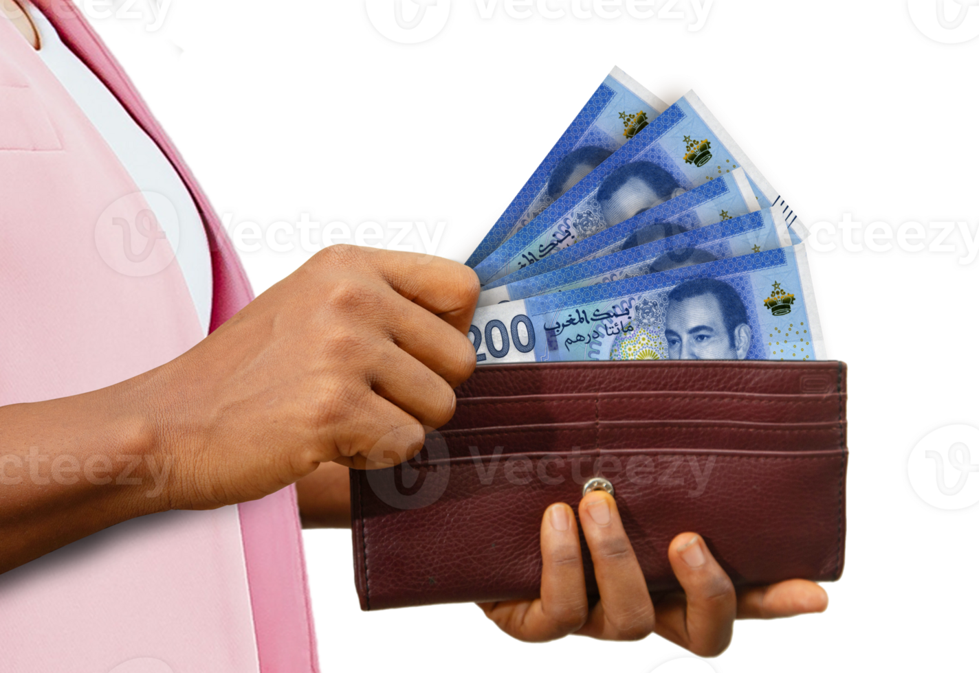 fair Female Hand Holding brown Purse With Moroccan dirham notes, hand removing money out of purse isolated on transparent background png