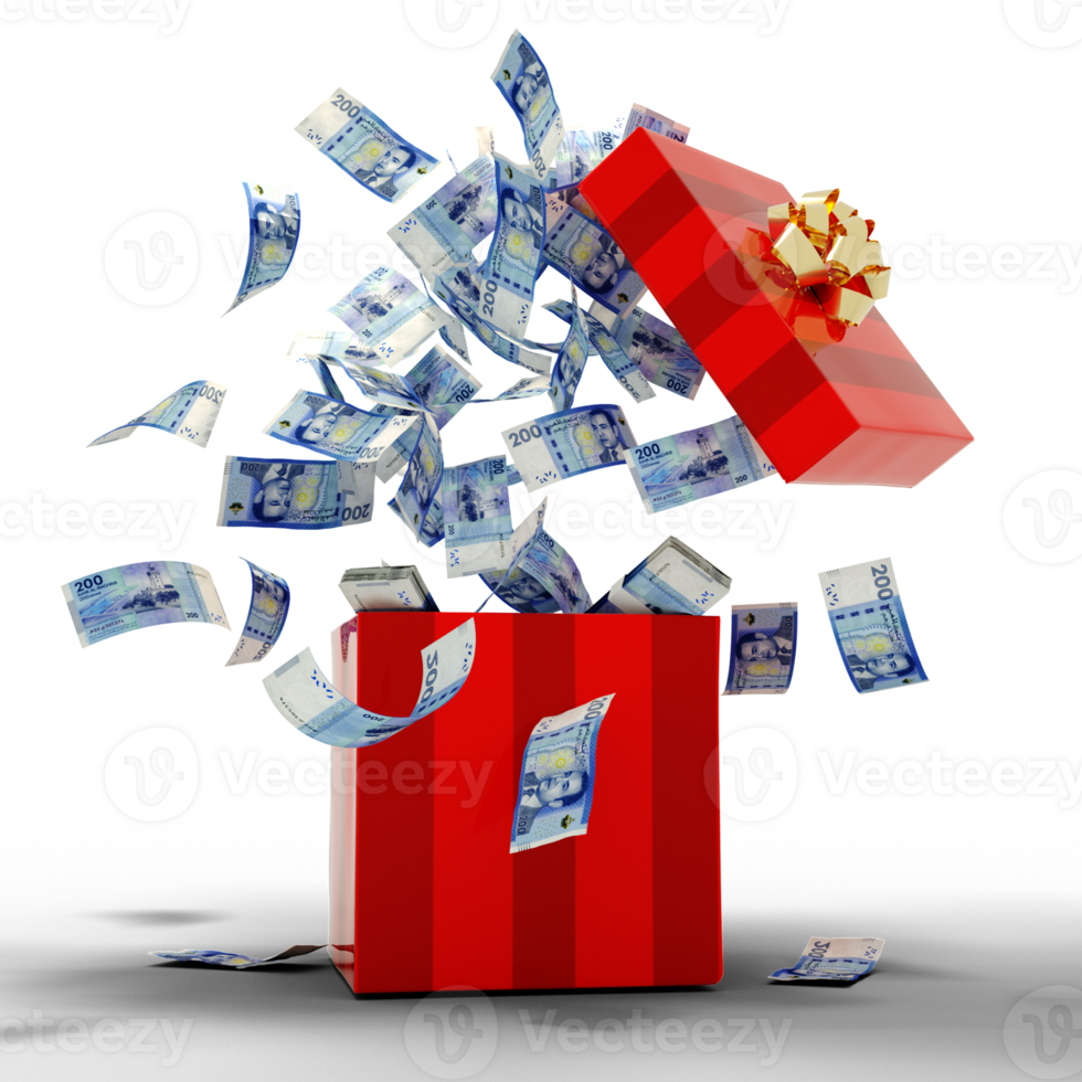 3D rendering of A lot of Moroccan dirham notes coming out of an opened red gift box png