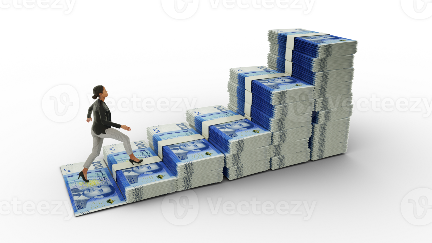 bedrijf vrouw beklimming trap gemaakt van Marokkaans dirham notities. 3d renderen van geld geregeld in de vorm van een financieel groei diagram icoon. bedrijf groei concept png