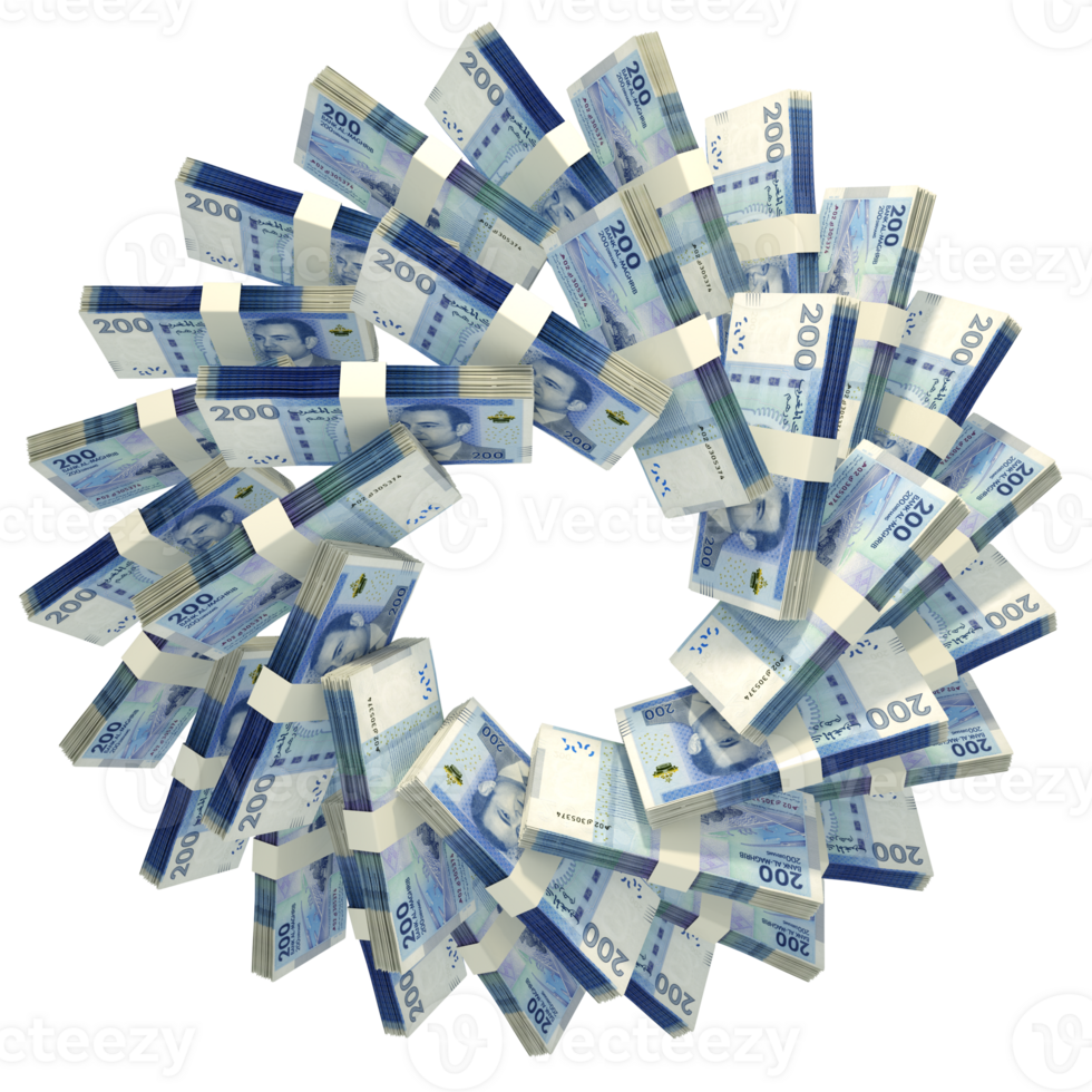 3d rendering of stacks of Moroccan Dirham arranged in a circular pattern. png