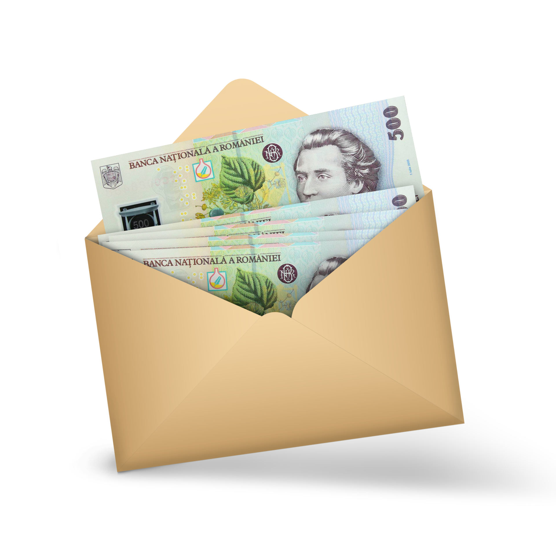 Free Romanian Leu notes inside an open brown envelope. 3D illustration