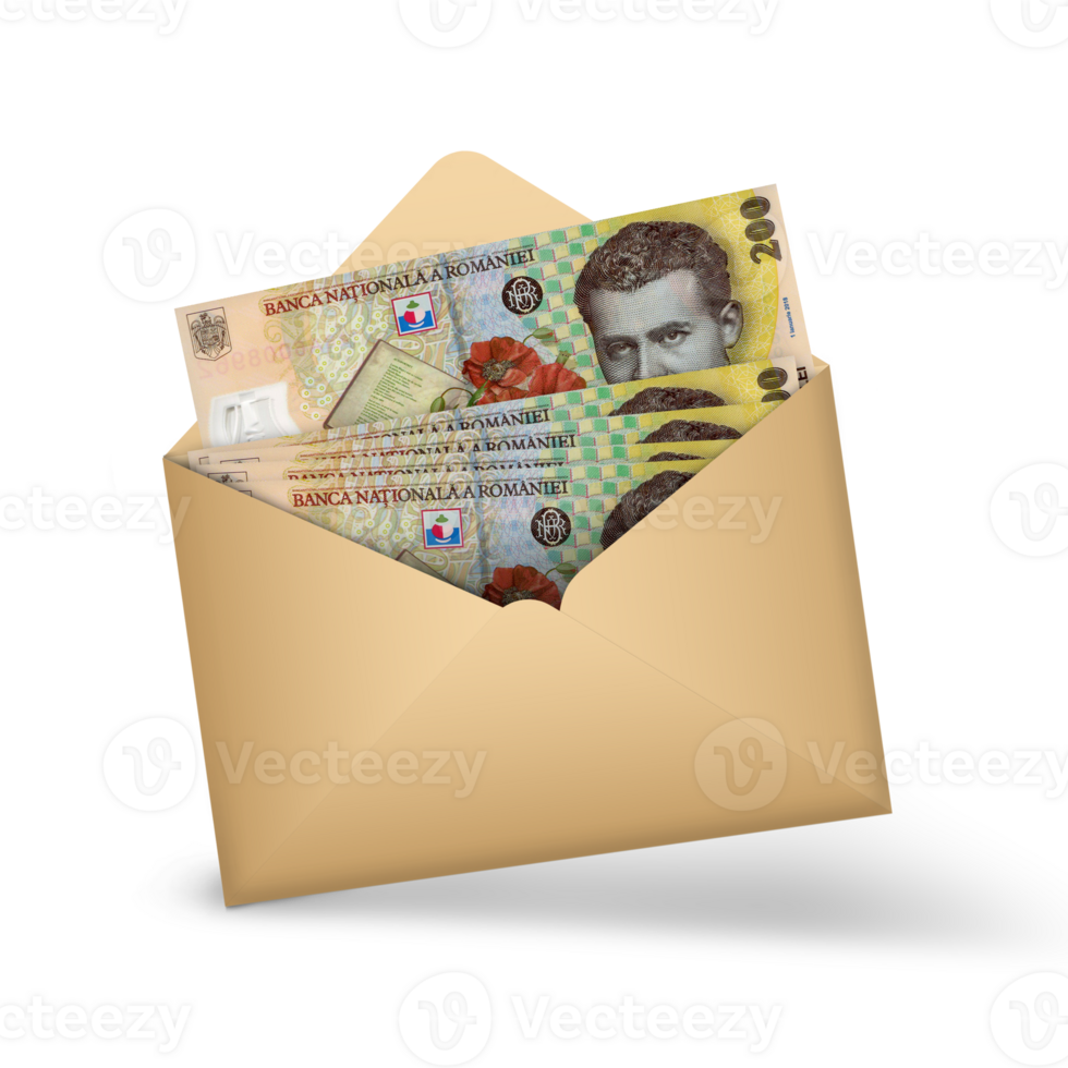 Romanian Leu notes inside an open brown envelope. 3D illustration of money in an open envelope png