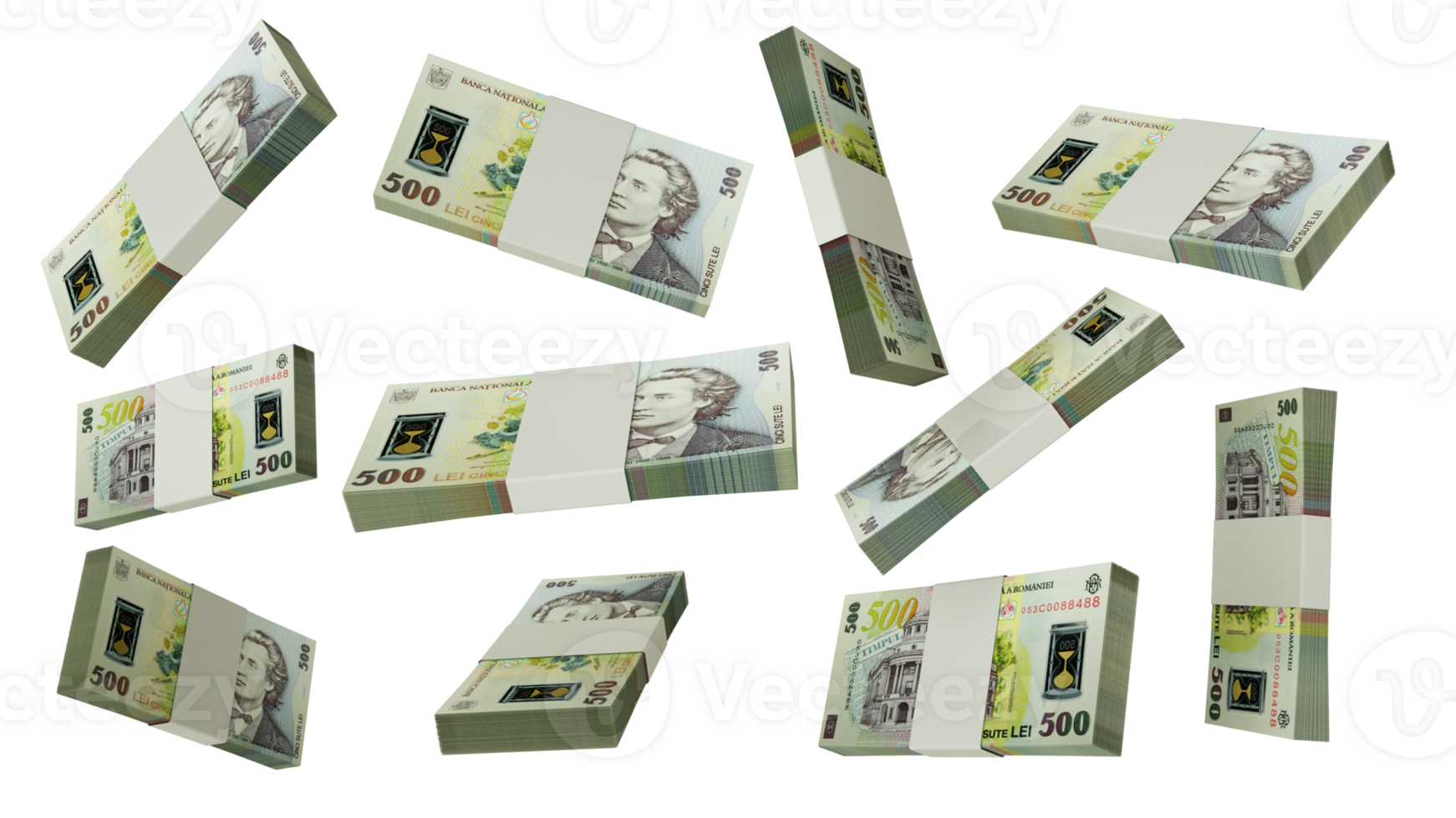 3D rendering of stacks of 500 Romanian leu notes flying in different angles and orientations isolated on transparent background png