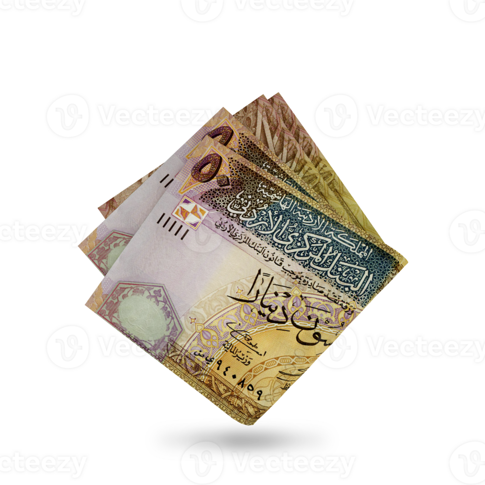 3d rendering of Folded Jordanian dinar notes isolated on transparent background. png