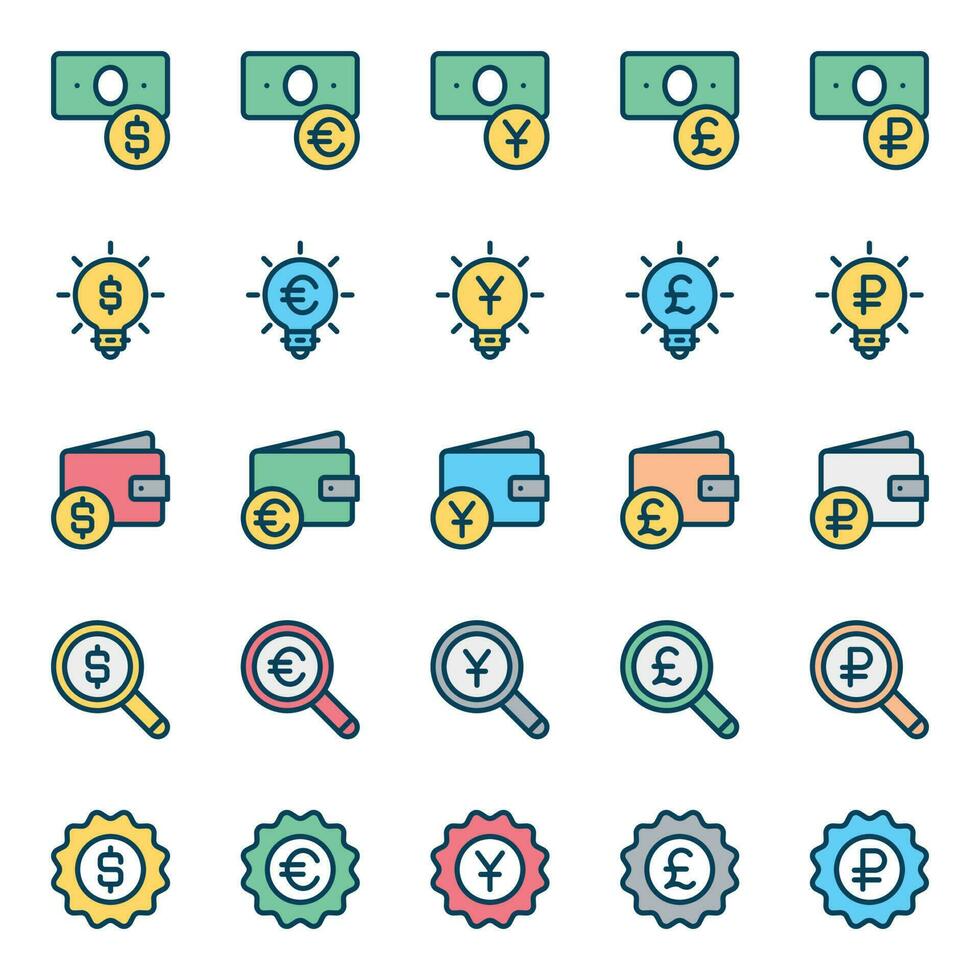 Filled color outline icons for Finance currency. vector