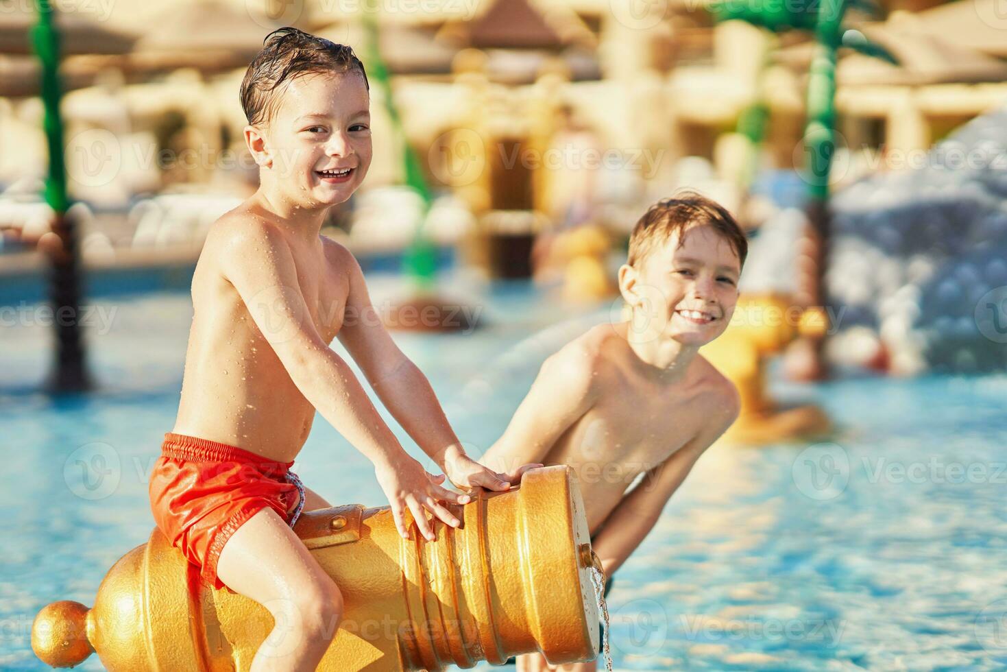 Picture of brothers playing in outdoor aqua park pool photo