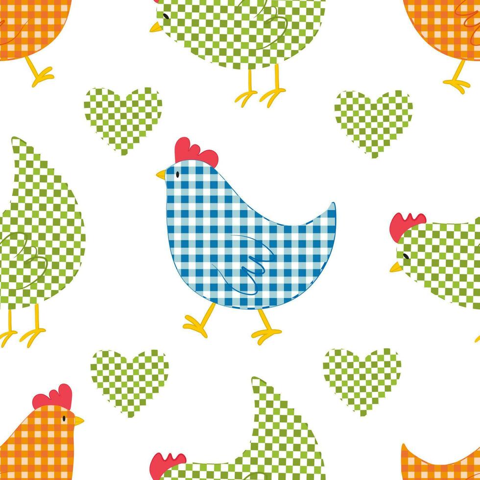 Vector seamless pattern with checkered chickens characters in vintage style for Easter design. Digital print with checkered chickens in cartoon style for textile and fabric design
