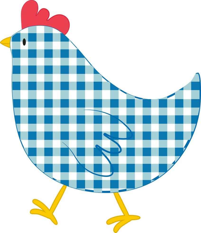 Vector illustration of blue checkered chicken character in cartoon vintage style for Easter fabric design