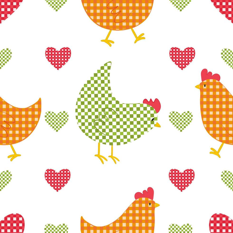 Vector seamless pattern with checkered chickens characters and hearts in vintage style for Easter design. Digital print with checkered chickens in cartoon style for textile and fabric design