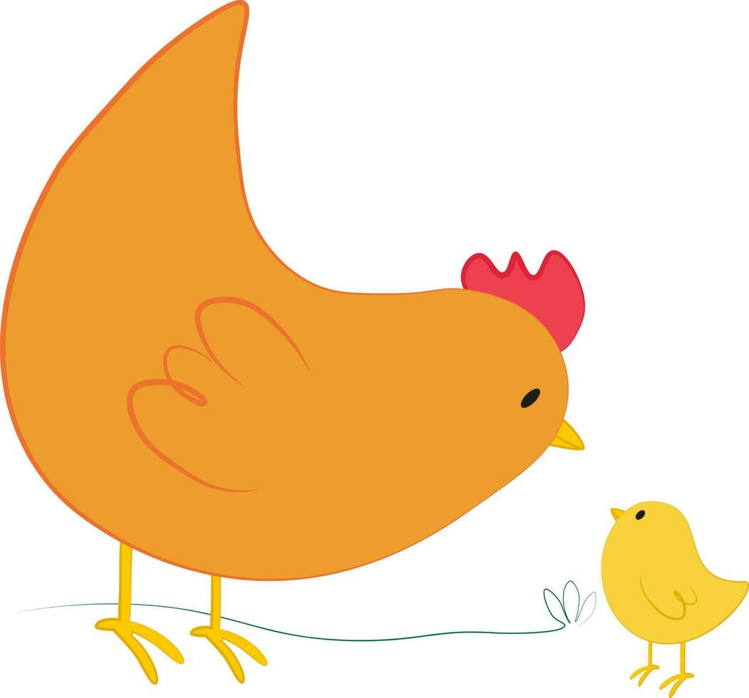 Vector illustration of orange chicken and little yellow chick characters in cartoon style. Digital clipart with farm hen and chick for Easter design