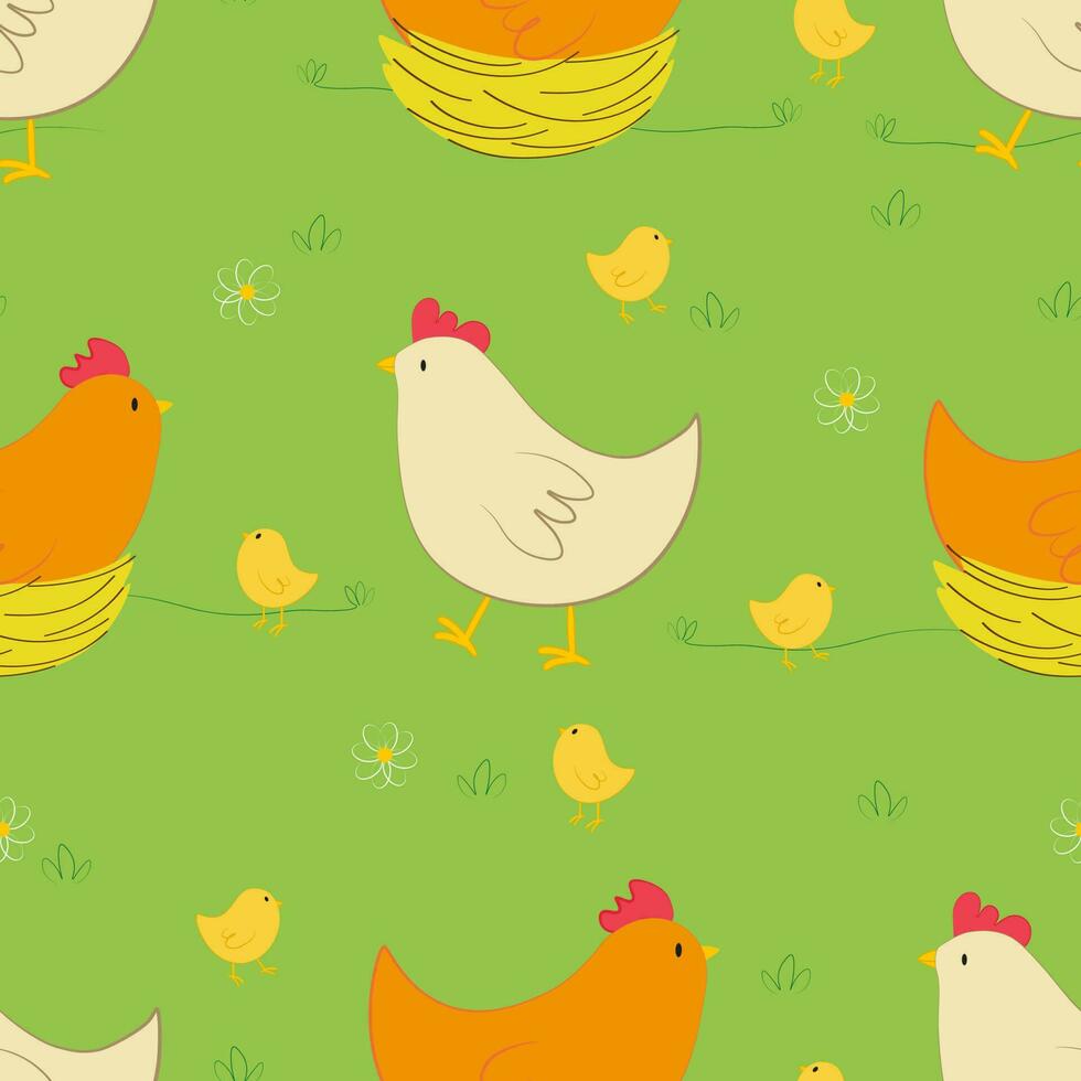 Vector seamless pattern with chickens and yellow chicks characters in green grass in cartoon style. Digital seamless Easter design with chickens and chicks