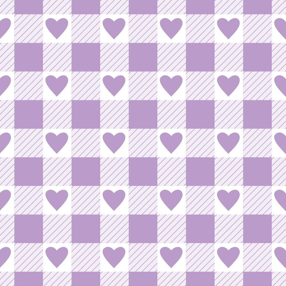 Vector seamless pattern with gingham check and hearts in purple and white colours for Valentines day