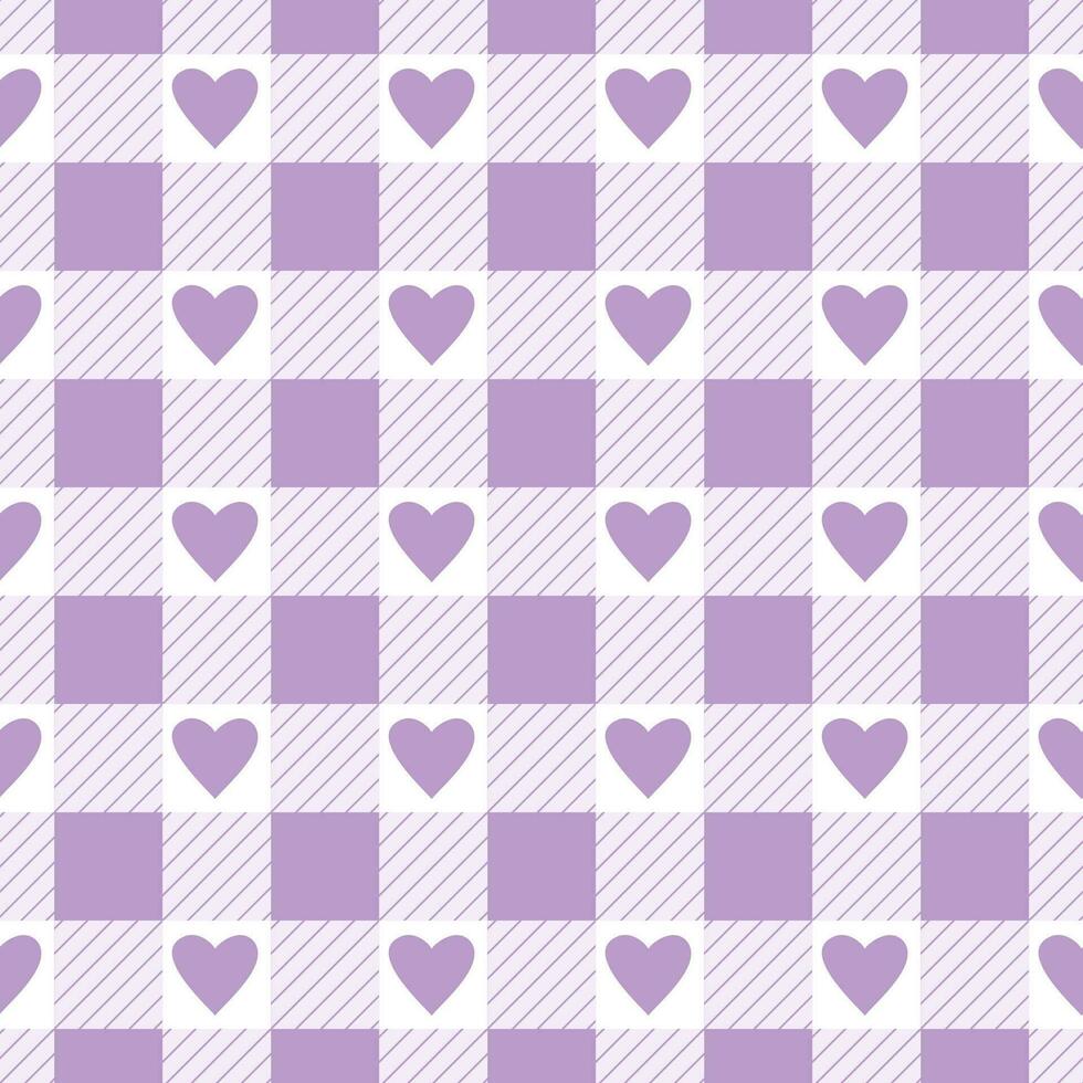 Vector seamless pattern with gingham check and hearts in purple and white colours for Valentines day