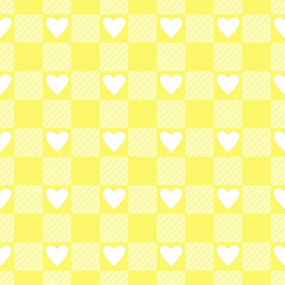 Vector seamless pattern with gingham check and hearts in yellow and white colours for Valentines day