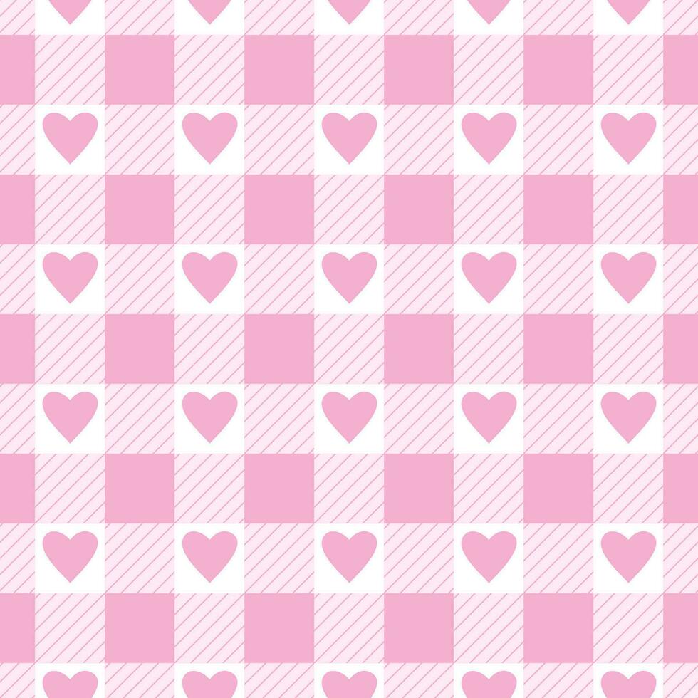 Vector seamless pattern with gingham check and hearts in pink and white colours for Valentines day