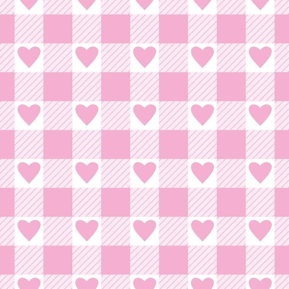 Vector seamless pattern with gingham check and hearts in pink and white colours for Valentines day