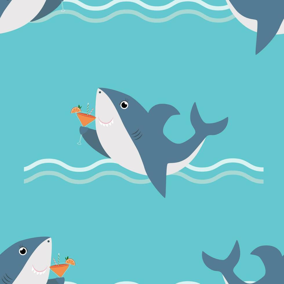 Vector seamless pattern with shark characters with Aperol cocktail in cartoon style