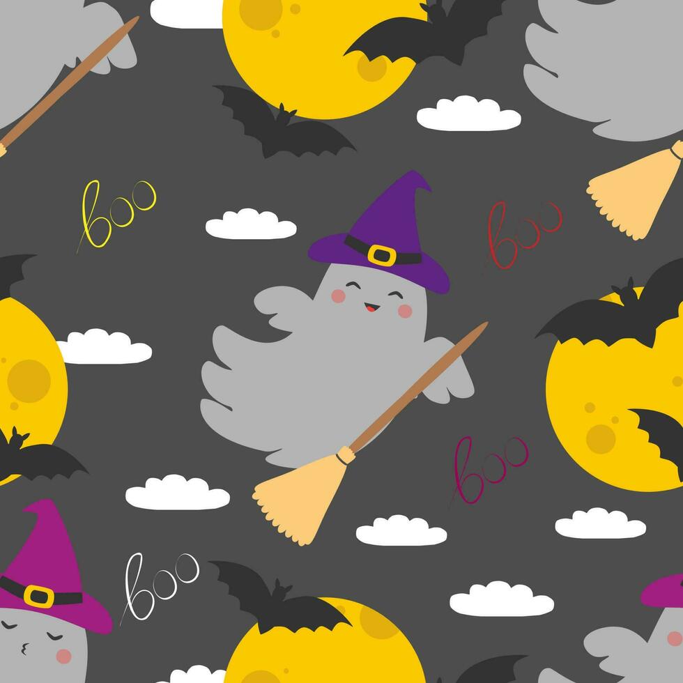 Vector seamless Halloween pattern with ghosts characters, bats and moon in cartoon style