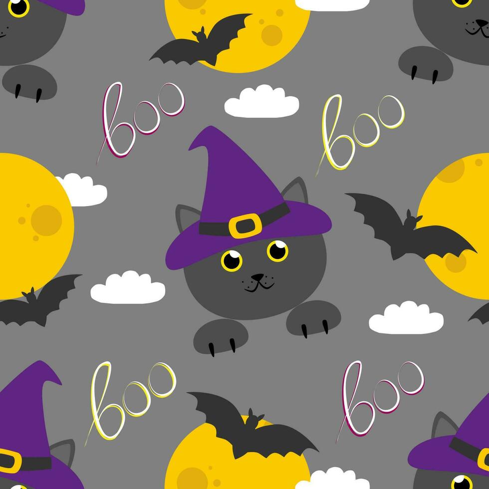 Vector seamless Halloween pattern with cats in witch hat in cartoon style with moon and bats