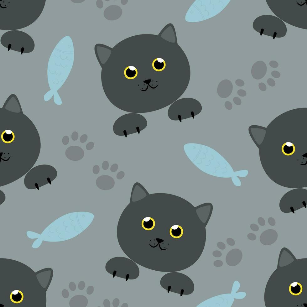 vector sin costura modelo con negro gatos caracteres, patas y pescado en dibujos animados estilo para tela y textil diseño