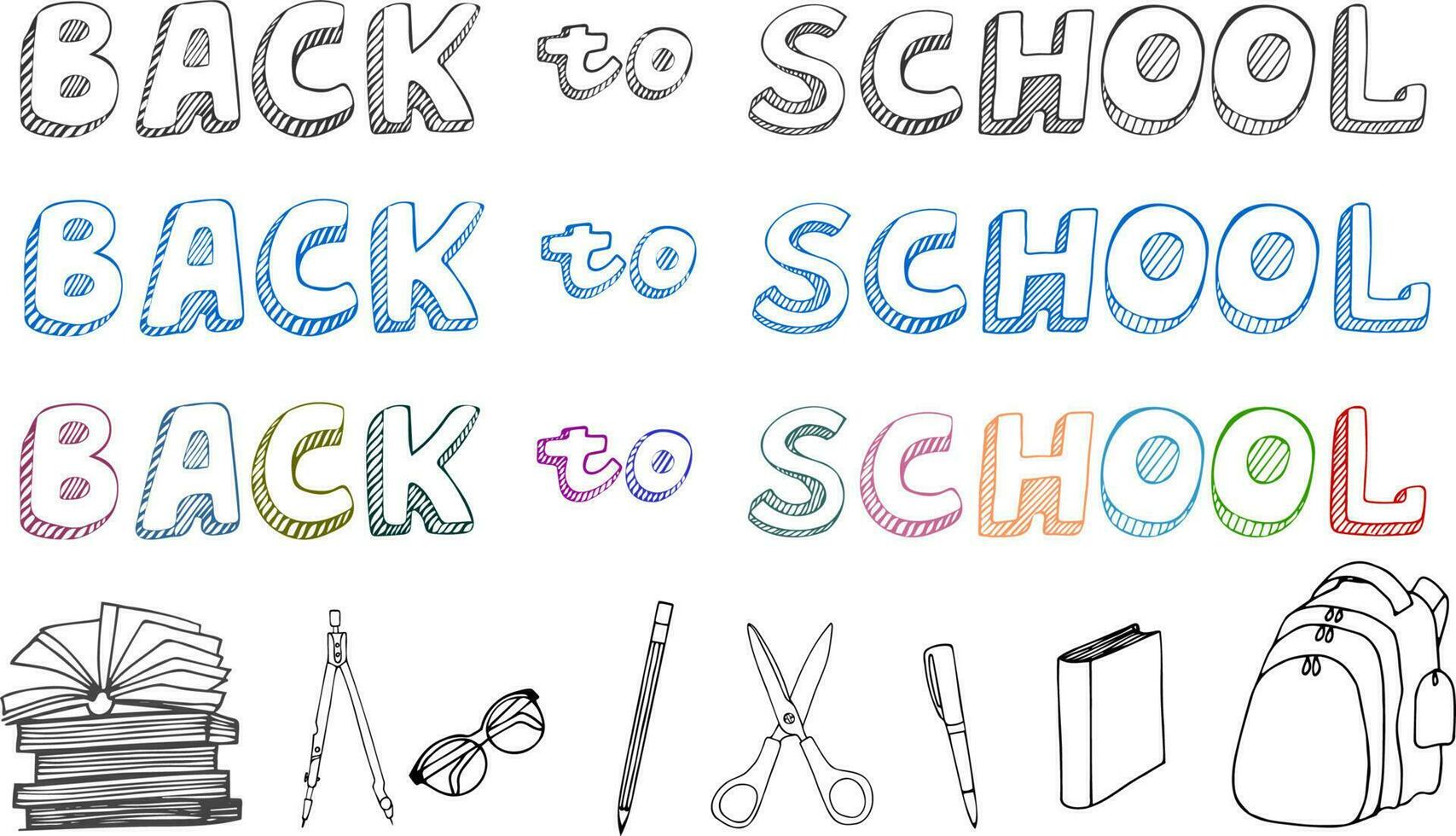 Back to school typography and doodle stationary. Collection of hand drawn school doodles. Stationery, books, school bag, glasses. vector