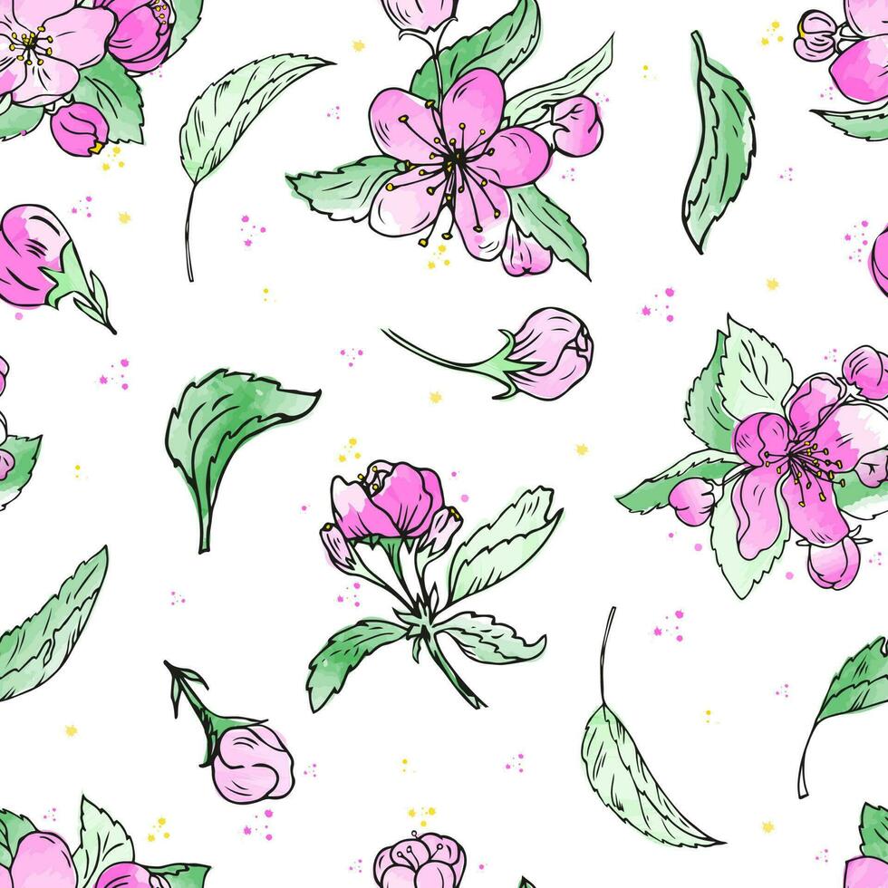 Cherry blossom watercolor seamless pattern. Beautiful vector hand drawn background for textile, fabric.